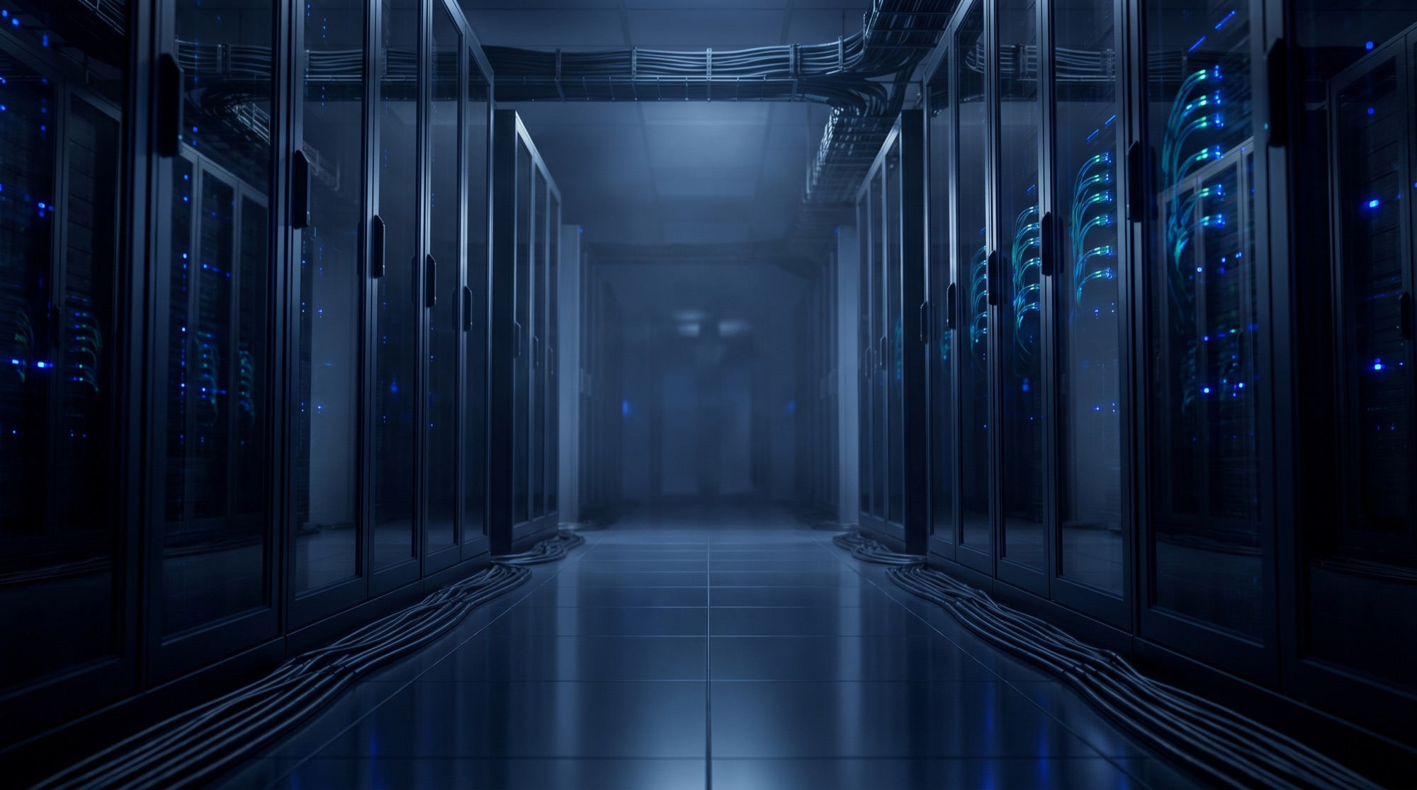 Koyu mavi atmosferli premium veri merkezi koridoru, mavi LED ışıklı server rack kabinleri